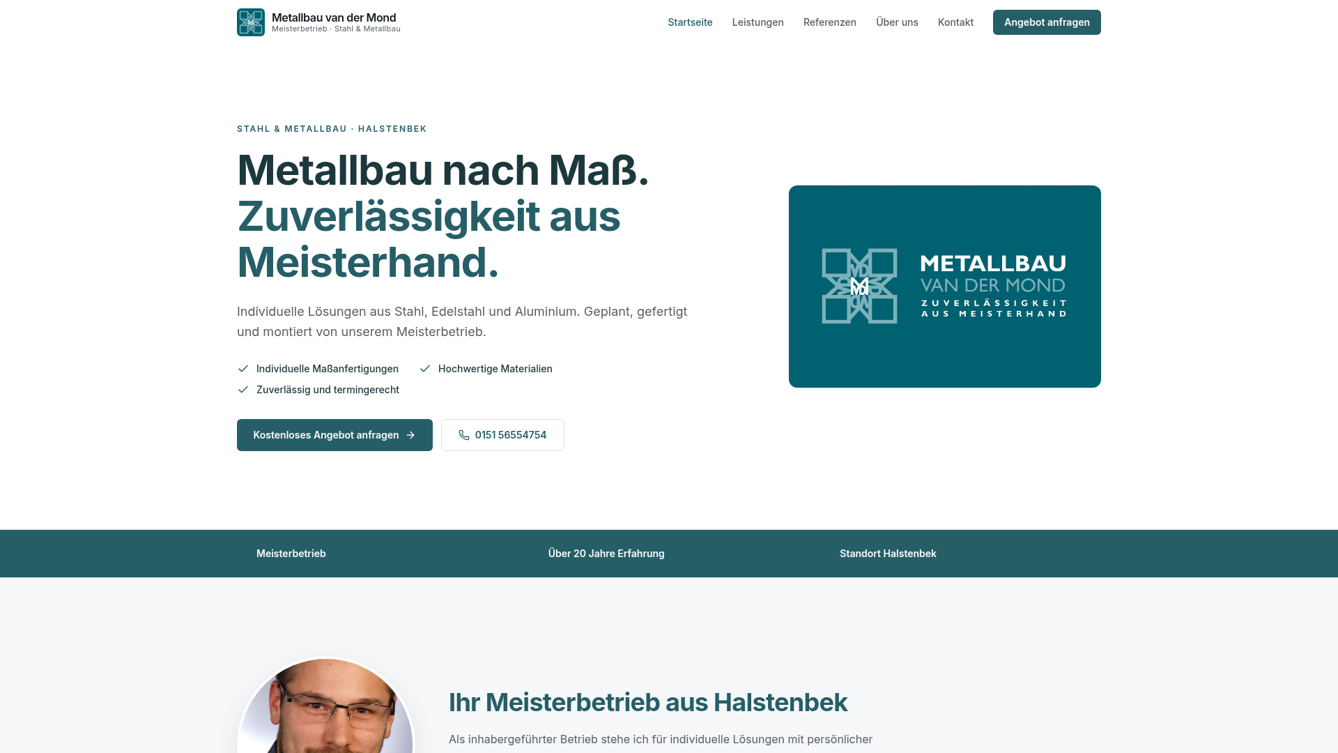 Startseite der von Fixwebbau umgesetzten Website für Metallbau van der Mond